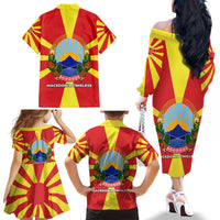 Macedonia Family Matching Off The Shoulder Long Sleeve Dress and Hawaiian Shirt with National Emblem and Sunburst Flag Design - Wonder Print Shop