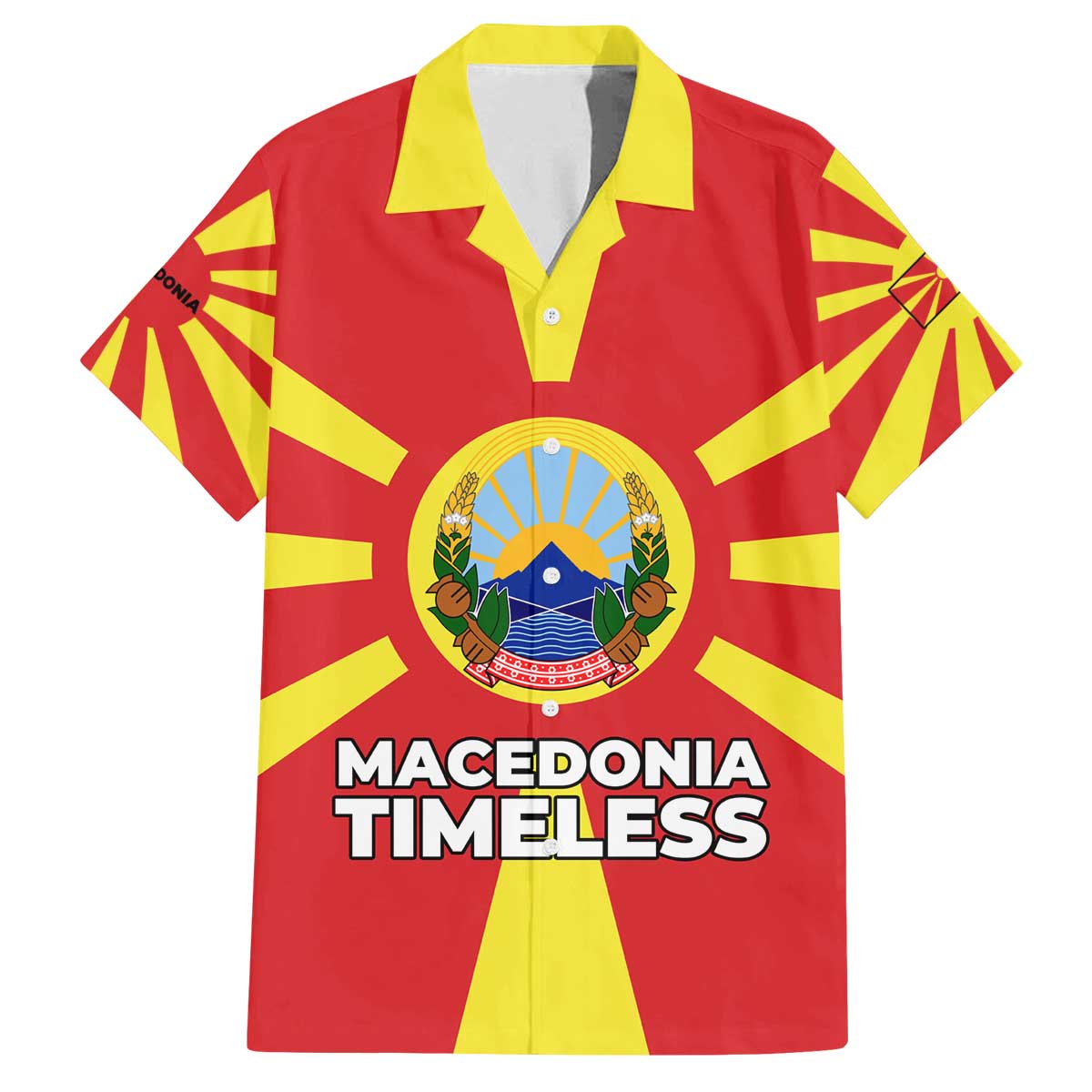 Macedonia Family Matching Off The Shoulder Long Sleeve Dress and Hawaiian Shirt with National Emblem and Sunburst Flag Design - Wonder Print Shop