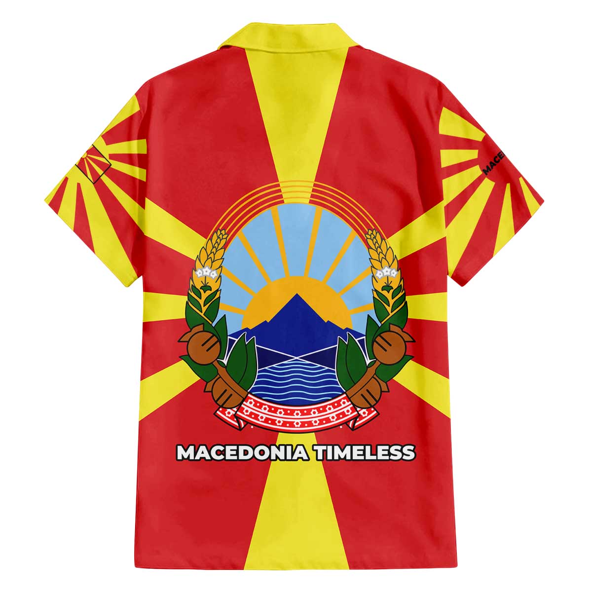 Macedonia Family Matching Off The Shoulder Long Sleeve Dress and Hawaiian Shirt with National Emblem and Sunburst Flag Design - Wonder Print Shop