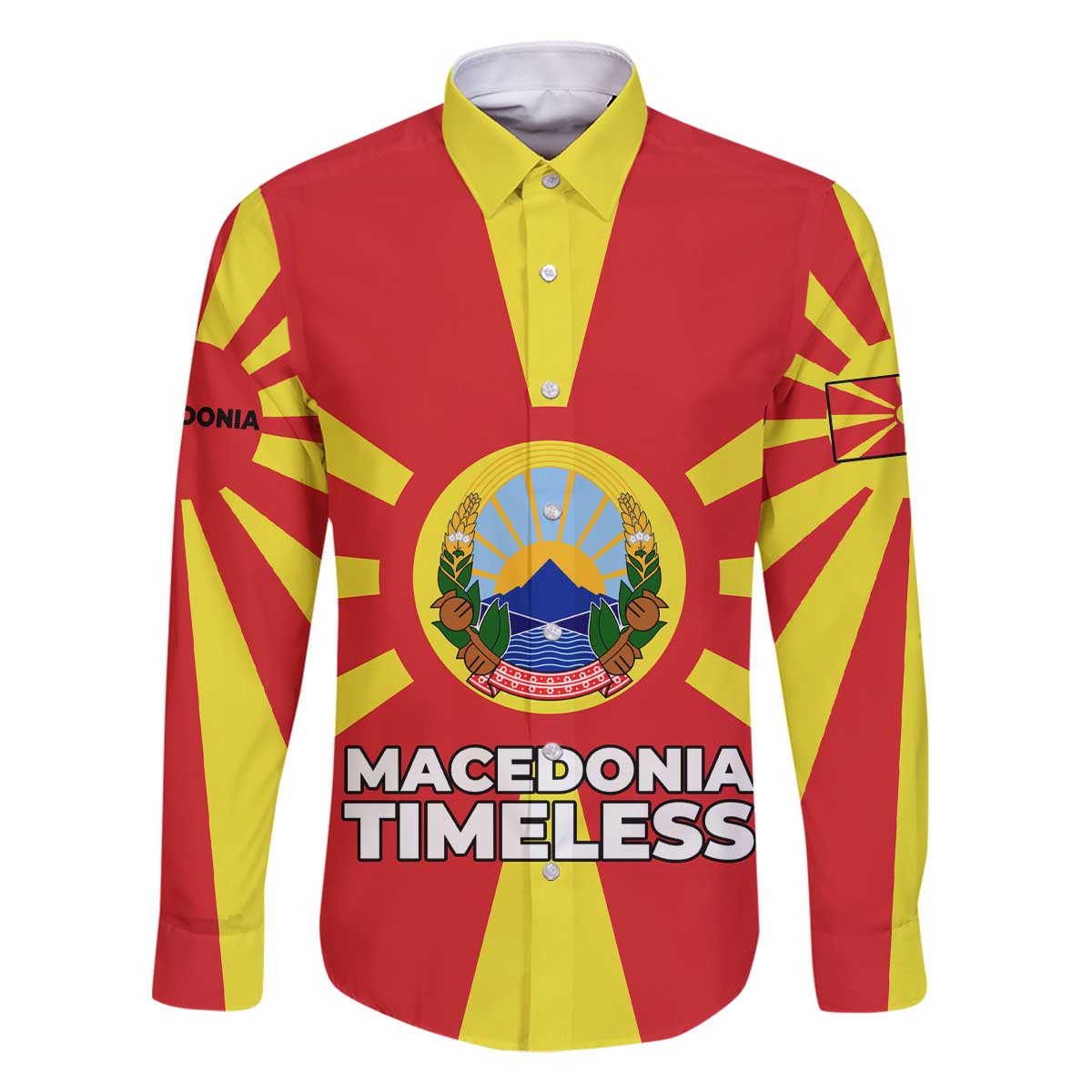 Macedonia Family Matching Off The Shoulder Long Sleeve Dress and Hawaiian Shirt with National Emblem and Sunburst Flag Design - Wonder Print Shop