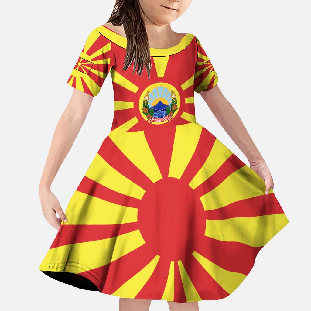 Macedonia Family Matching Off Shoulder Maxi Dress and Hawaiian Shirt with National Emblem and Sunburst Flag Design - Wonder Print Shop