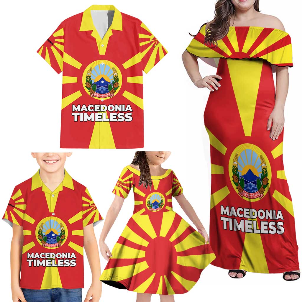 Macedonia Family Matching Off Shoulder Maxi Dress and Hawaiian Shirt with National Emblem and Sunburst Flag Design - Wonder Print Shop