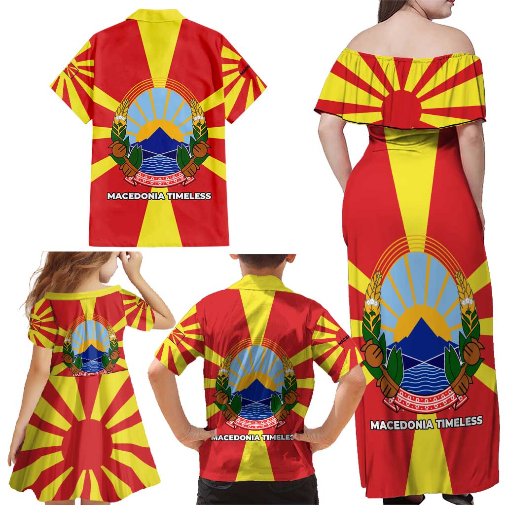 Macedonia Family Matching Off Shoulder Maxi Dress and Hawaiian Shirt with National Emblem and Sunburst Flag Design - Wonder Print Shop