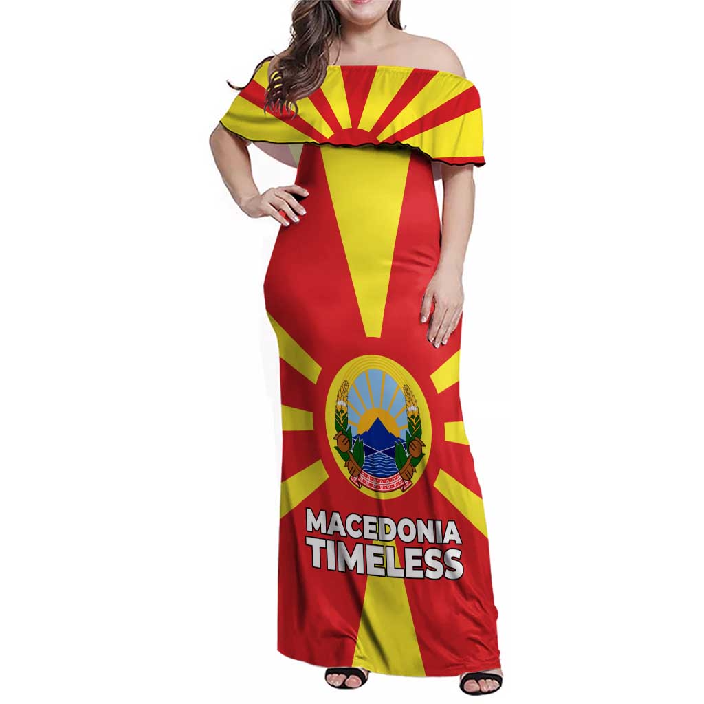 Macedonia Family Matching Off Shoulder Maxi Dress and Hawaiian Shirt with National Emblem and Sunburst Flag Design - Wonder Print Shop