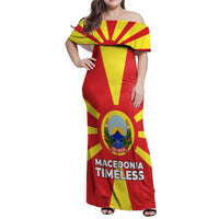 Macedonia Family Matching Off Shoulder Maxi Dress and Hawaiian Shirt with National Emblem and Sunburst Flag Design - Wonder Print Shop