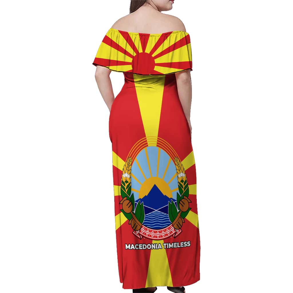 Macedonia Family Matching Off Shoulder Maxi Dress and Hawaiian Shirt with National Emblem and Sunburst Flag Design - Wonder Print Shop