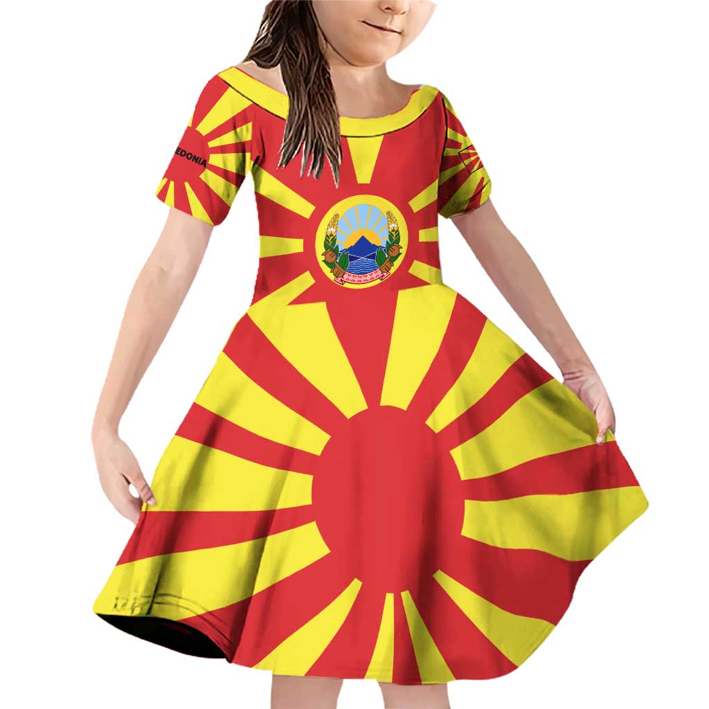 Macedonia Family Matching Off Shoulder Short Dress and Hawaiian Shirt with National Emblem and Sunburst Flag Design - Wonder Print Shop