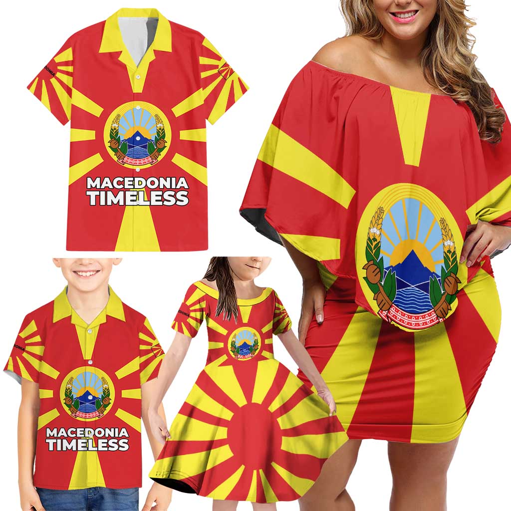 Macedonia Family Matching Off Shoulder Short Dress and Hawaiian Shirt with National Emblem and Sunburst Flag Design - Wonder Print Shop