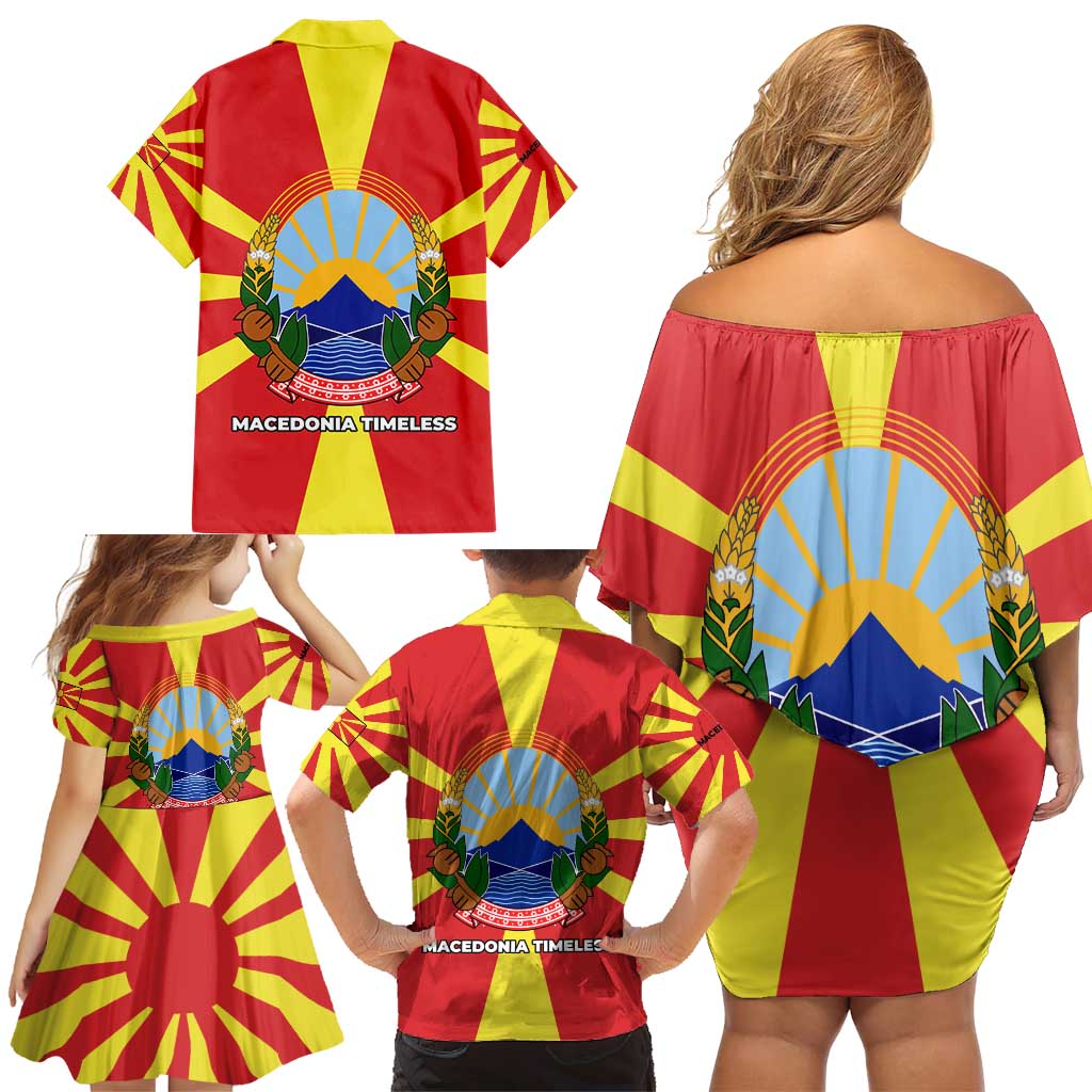 Macedonia Family Matching Off Shoulder Short Dress and Hawaiian Shirt with National Emblem and Sunburst Flag Design - Wonder Print Shop
