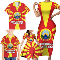 Macedonia Family Matching Short Sleeve Bodycon Dress and Hawaiian Shirt with National Emblem and Sunburst Flag Design - Wonder Print Shop