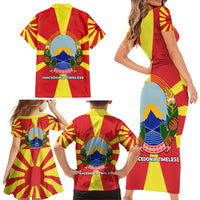 Macedonia Family Matching Short Sleeve Bodycon Dress and Hawaiian Shirt with National Emblem and Sunburst Flag Design - Wonder Print Shop