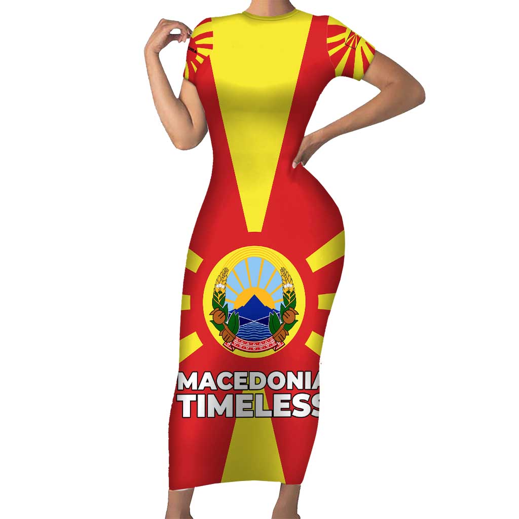 Macedonia Family Matching Short Sleeve Bodycon Dress and Hawaiian Shirt with National Emblem and Sunburst Flag Design - Wonder Print Shop