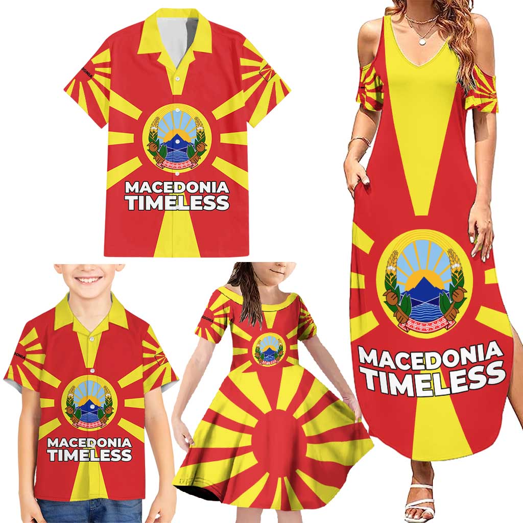 Macedonia Family Matching Summer Maxi Dress and Hawaiian Shirt with National Emblem and Sunburst Flag Design - Wonder Print Shop