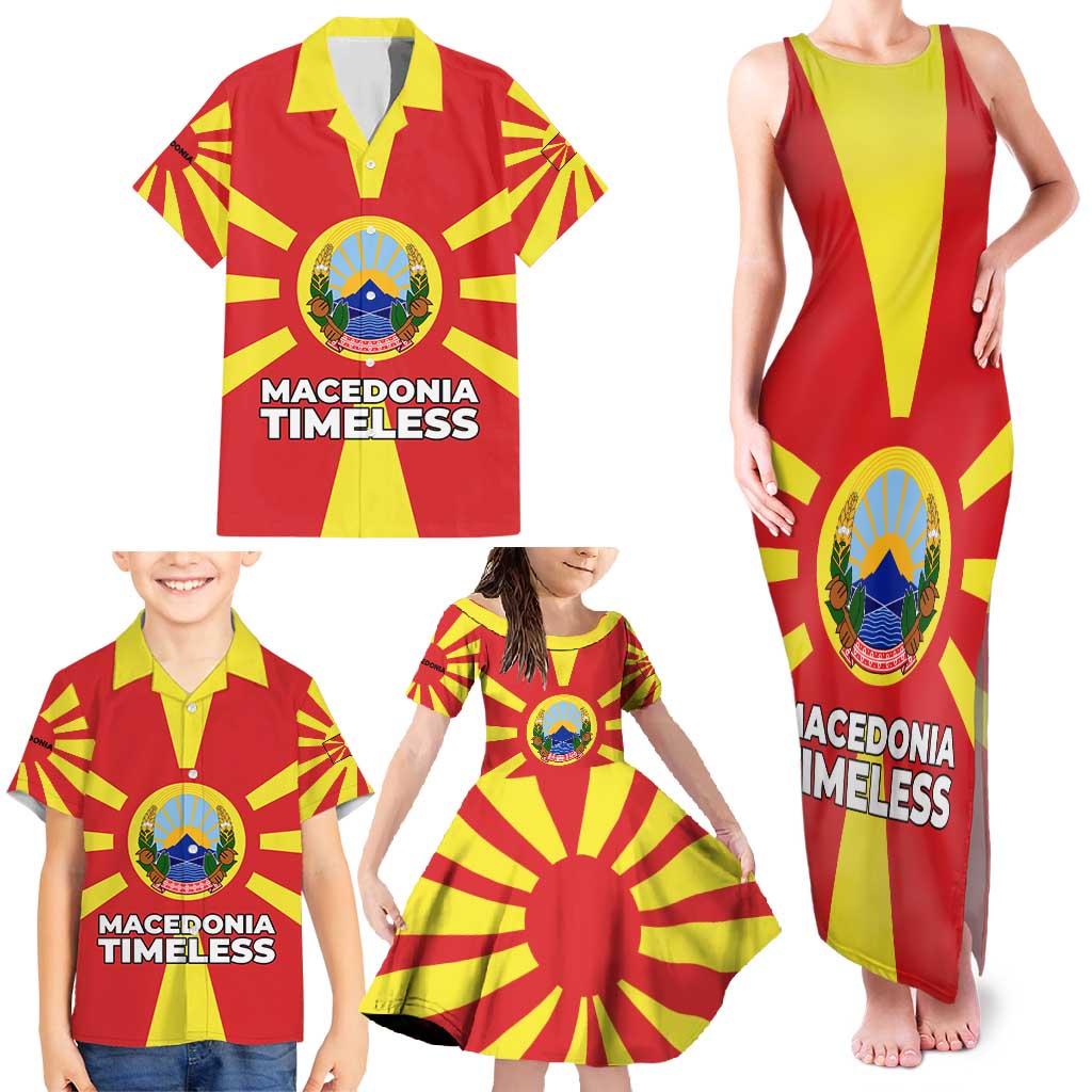 Macedonia Family Matching Tank Maxi Dress and Hawaiian Shirt with National Emblem and Sunburst Flag Design - Wonder Print Shop