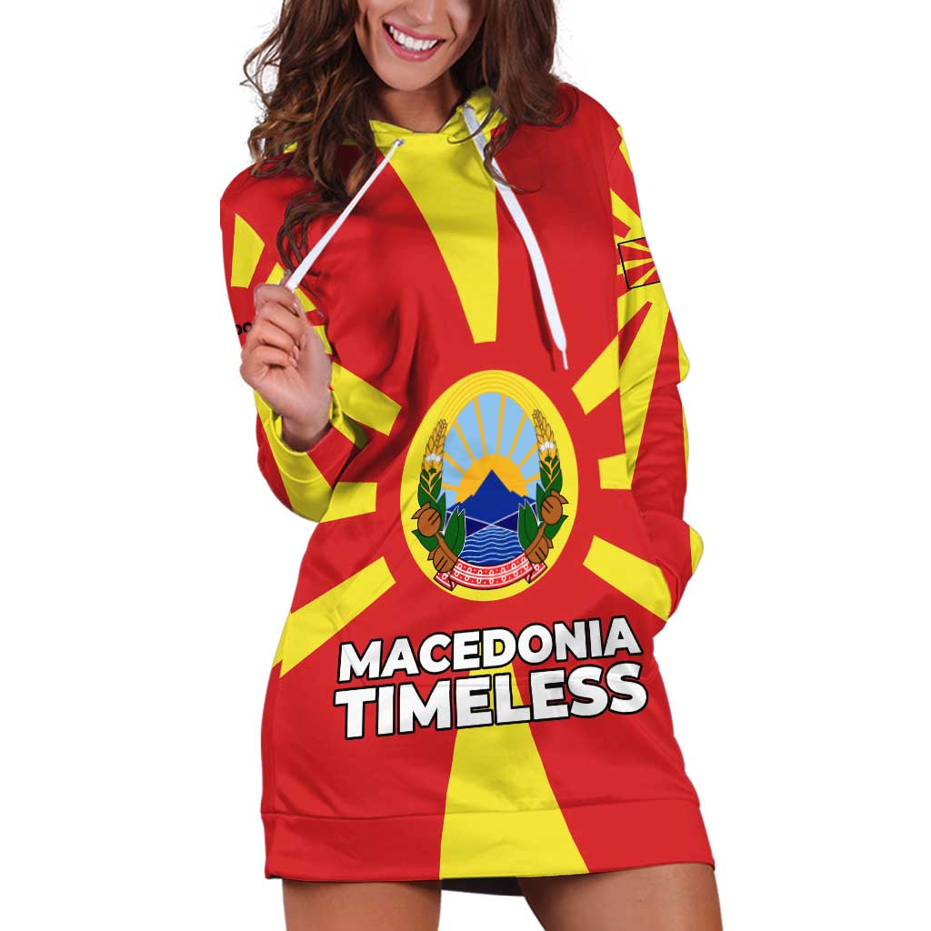 Macedonia Hoodie Dress with National Emblem and Sunburst Flag Design - Wonder Print Shop
