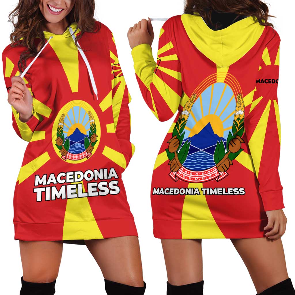 Macedonia Hoodie Dress with National Emblem and Sunburst Flag Design - Wonder Print Shop