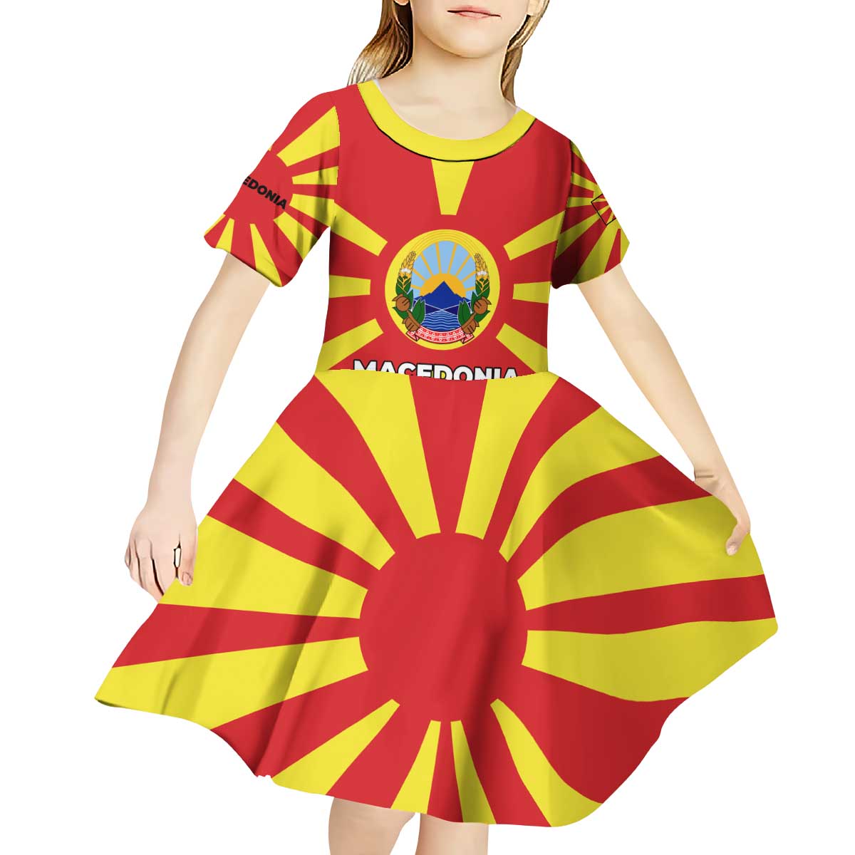Macedonia Kid Short Sleeve Dress with National Emblem and Sunburst Flag Design - Wonder Print Shop