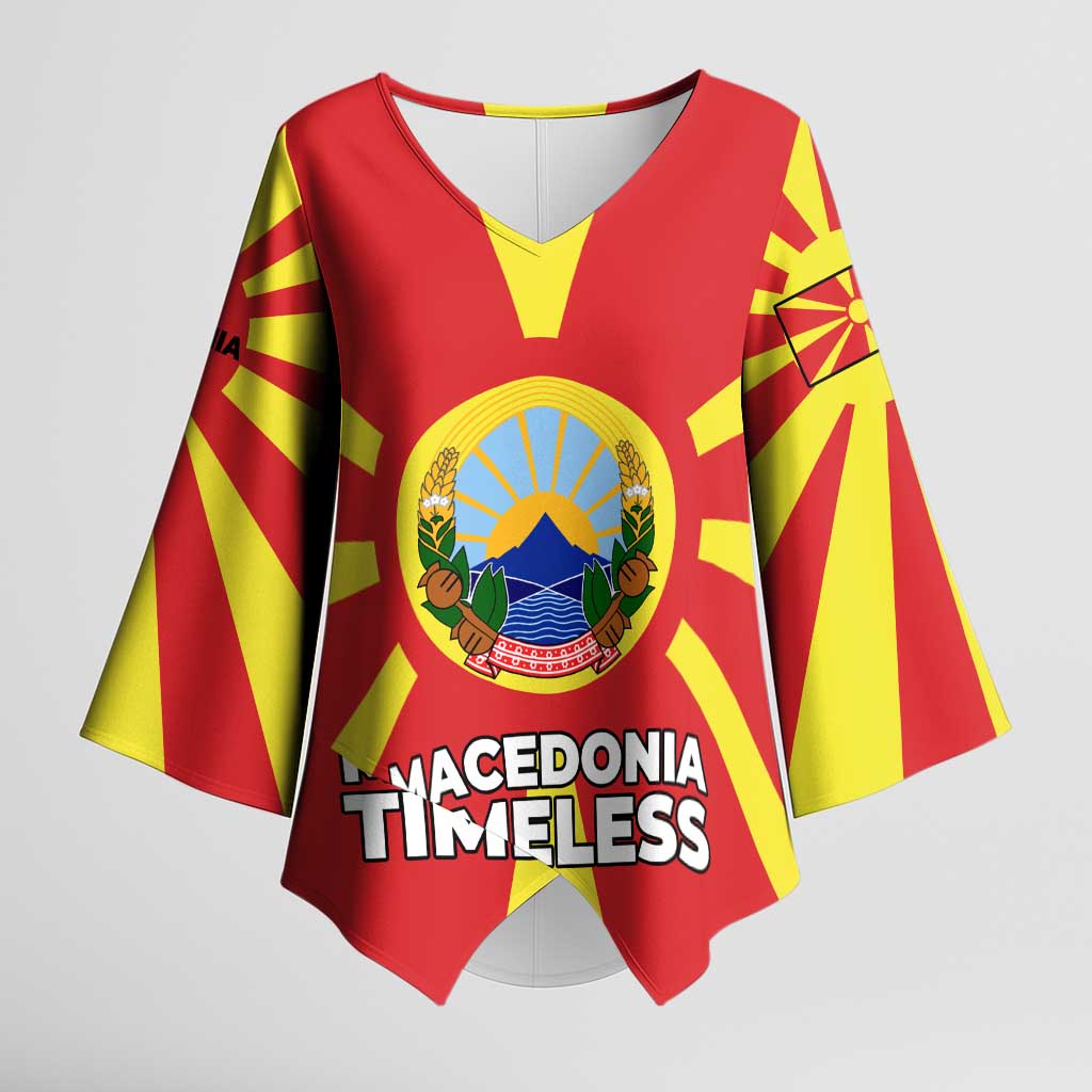 Macedonia Kimono Sleeve Blouse with National Emblem and Sunburst Flag Design - Wonder Print Shop