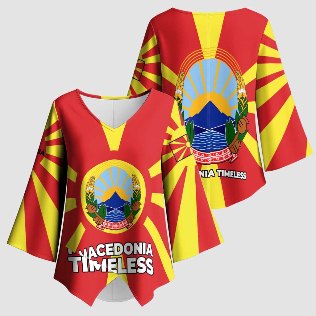 Macedonia Kimono Sleeve Blouse with National Emblem and Sunburst Flag Design - Wonder Print Shop