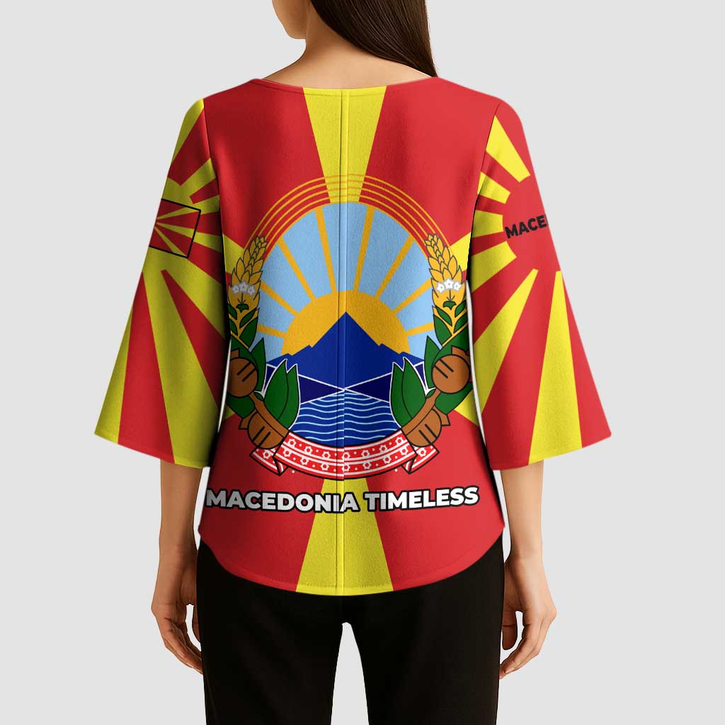 Macedonia Kimono Sleeve Blouse with National Emblem and Sunburst Flag Design - Wonder Print Shop