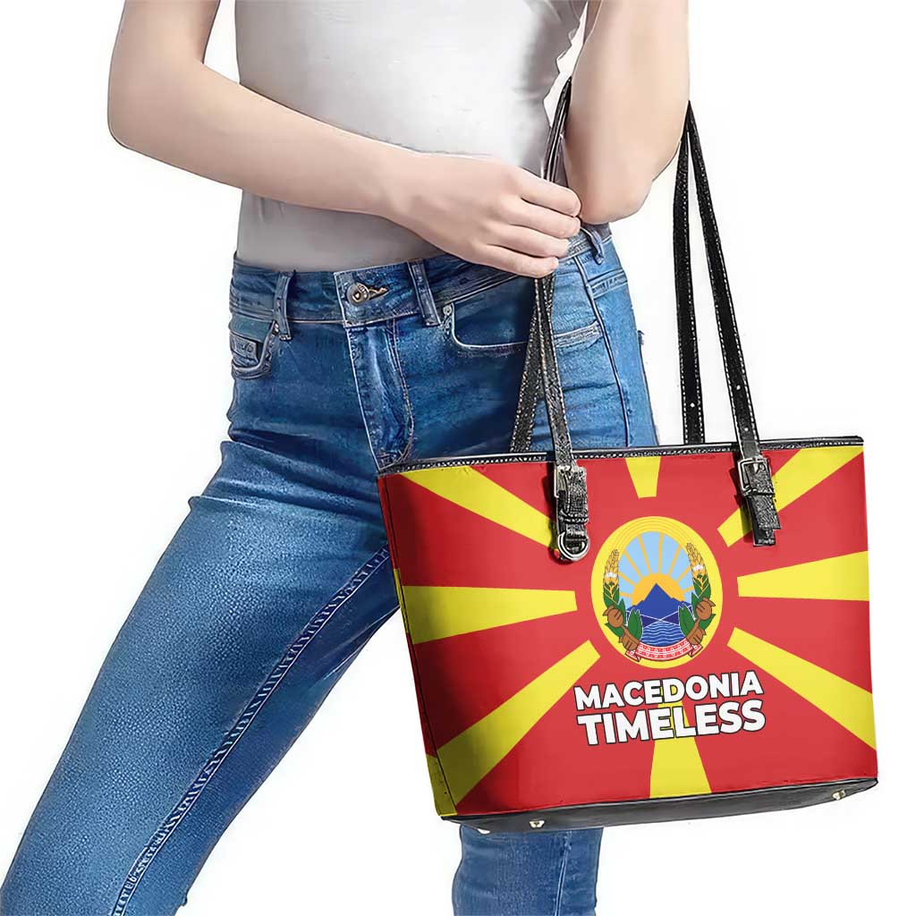 Macedonia Leather Tote Bag with National Emblem and Sunburst Flag Design - Wonder Print Shop