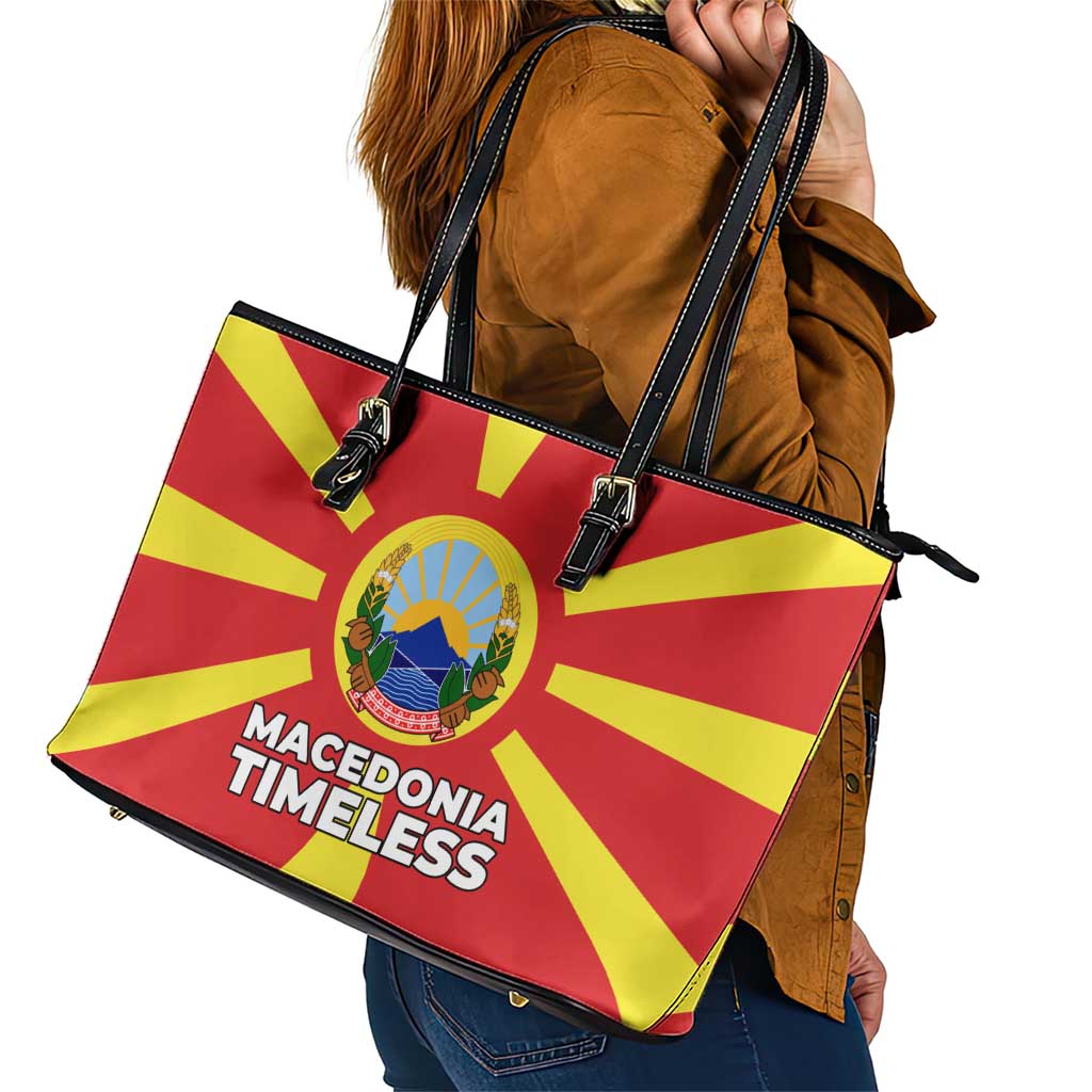 Macedonia Leather Tote Bag with National Emblem and Sunburst Flag Design - Wonder Print Shop