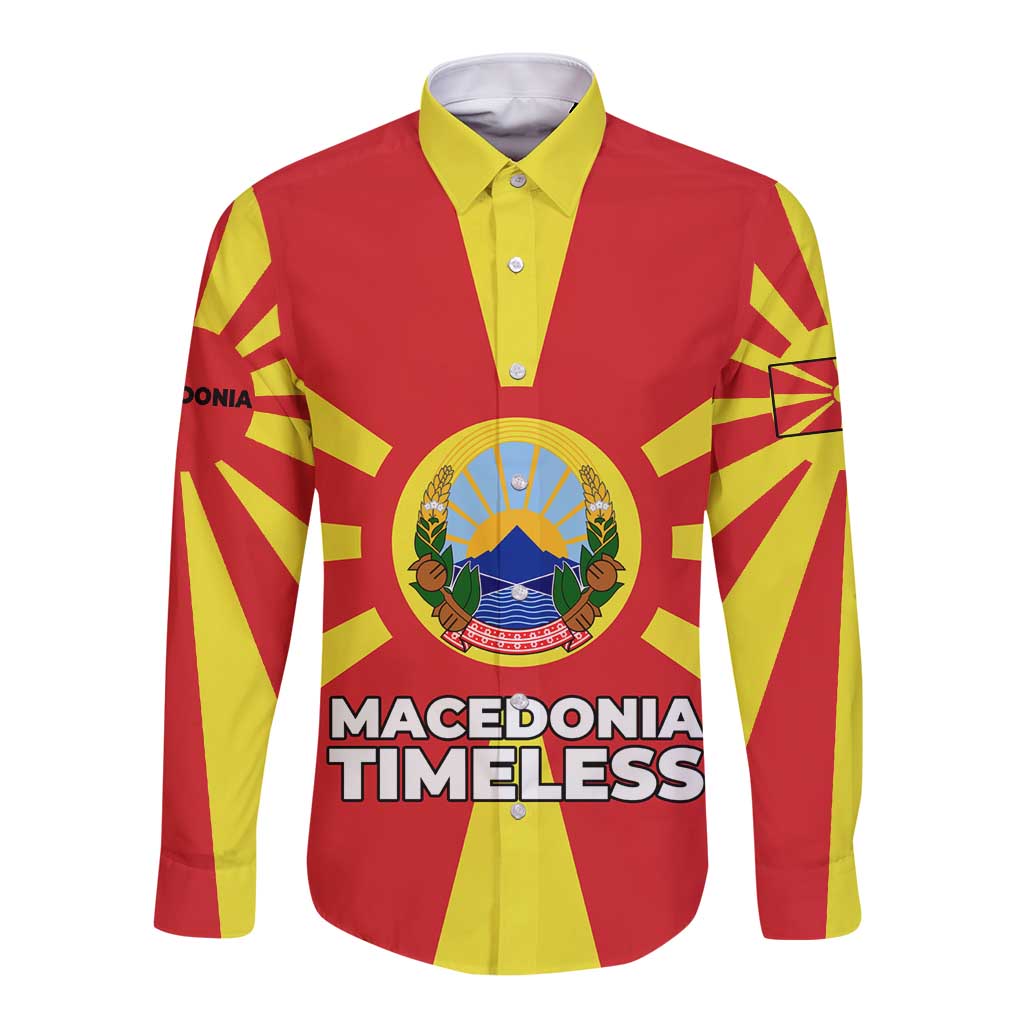 Macedonia Long Sleeve Button Shirt with National Emblem and Sunburst Flag Design - Wonder Print Shop