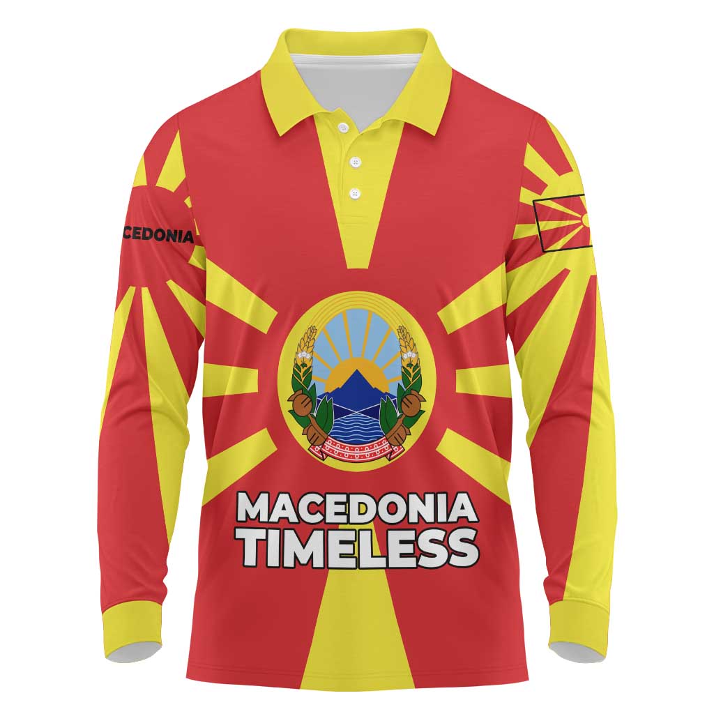 Macedonia Long Sleeve Polo Shirt with National Emblem and Sunburst Flag Design - Wonder Print Shop