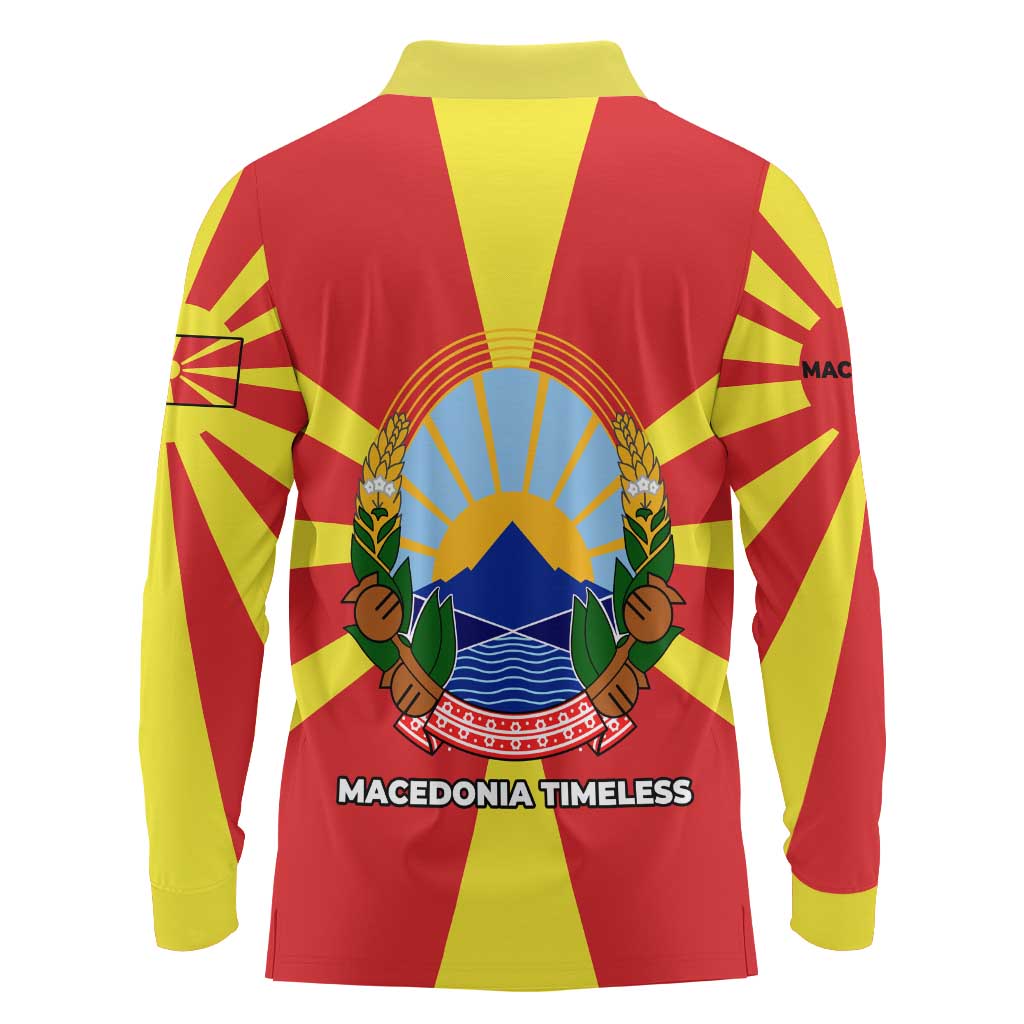 Macedonia Long Sleeve Polo Shirt with National Emblem and Sunburst Flag Design - Wonder Print Shop