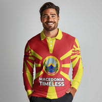 Macedonia Long Sleeve Polo Shirt with National Emblem and Sunburst Flag Design - Wonder Print Shop