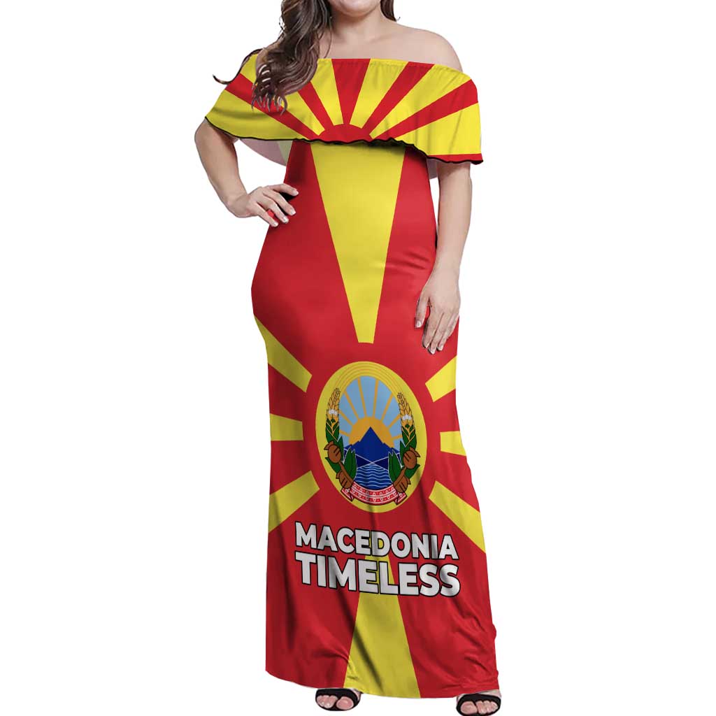 Macedonia Off Shoulder Maxi Dress with National Emblem and Sunburst Flag Design - Wonder Print Shop