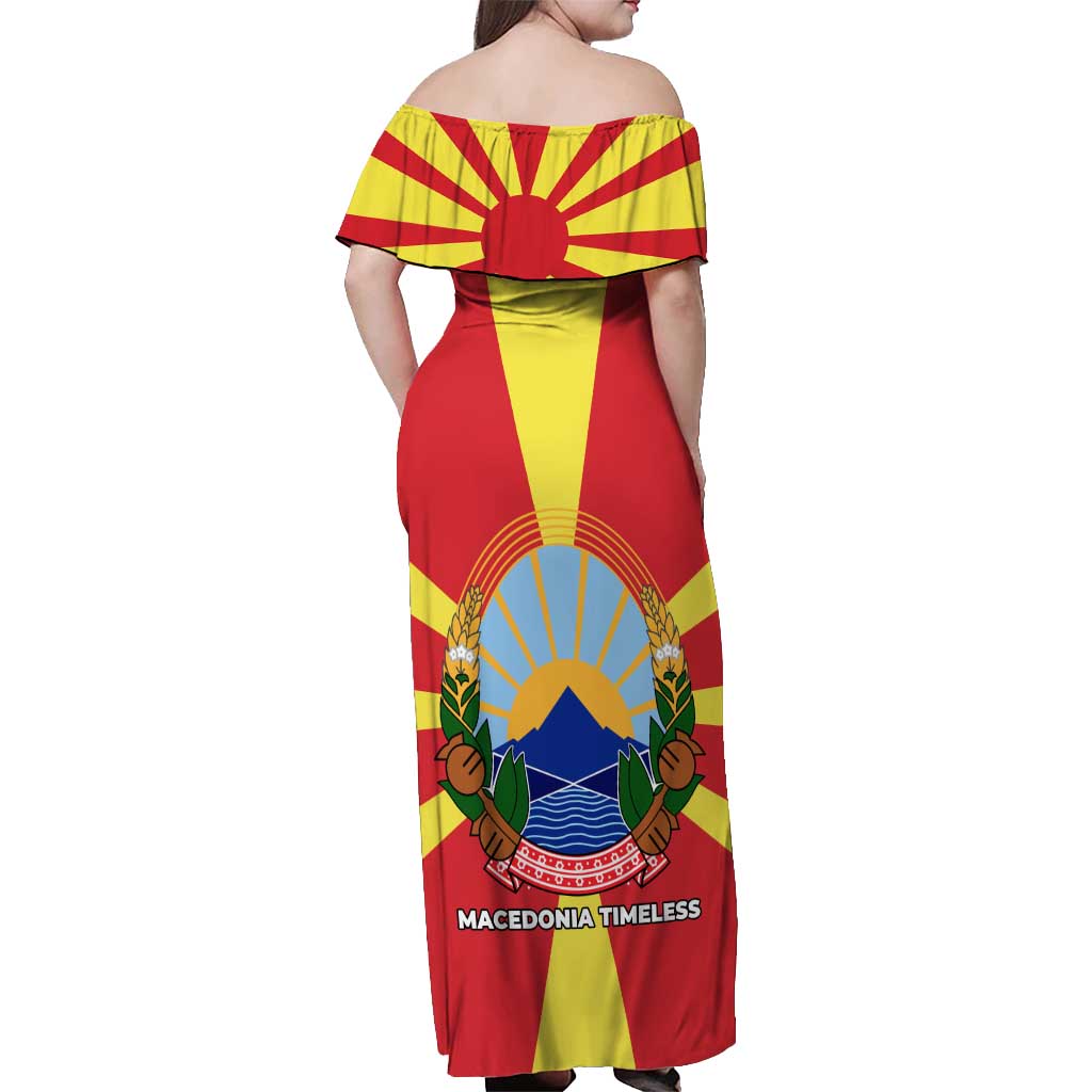 Macedonia Off Shoulder Maxi Dress with National Emblem and Sunburst Flag Design - Wonder Print Shop