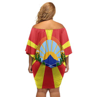 Macedonia Off Shoulder Short Dress with National Emblem and Sunburst Flag Design - Wonder Print Shop