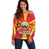 Macedonia Off Shoulder Sweater with National Emblem and Sunburst Flag Design - Wonder Print Shop