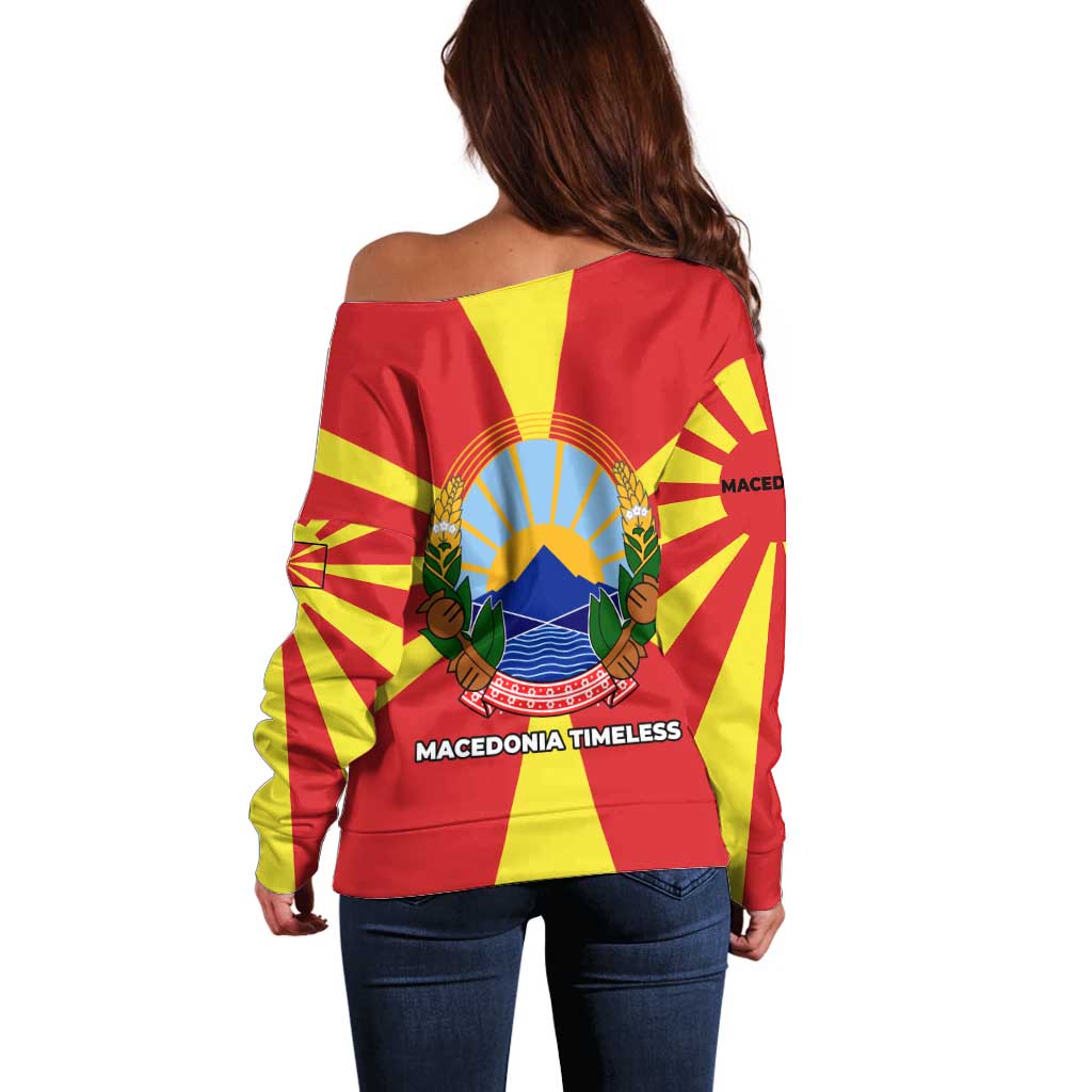 Macedonia Off Shoulder Sweater with National Emblem and Sunburst Flag Design - Wonder Print Shop