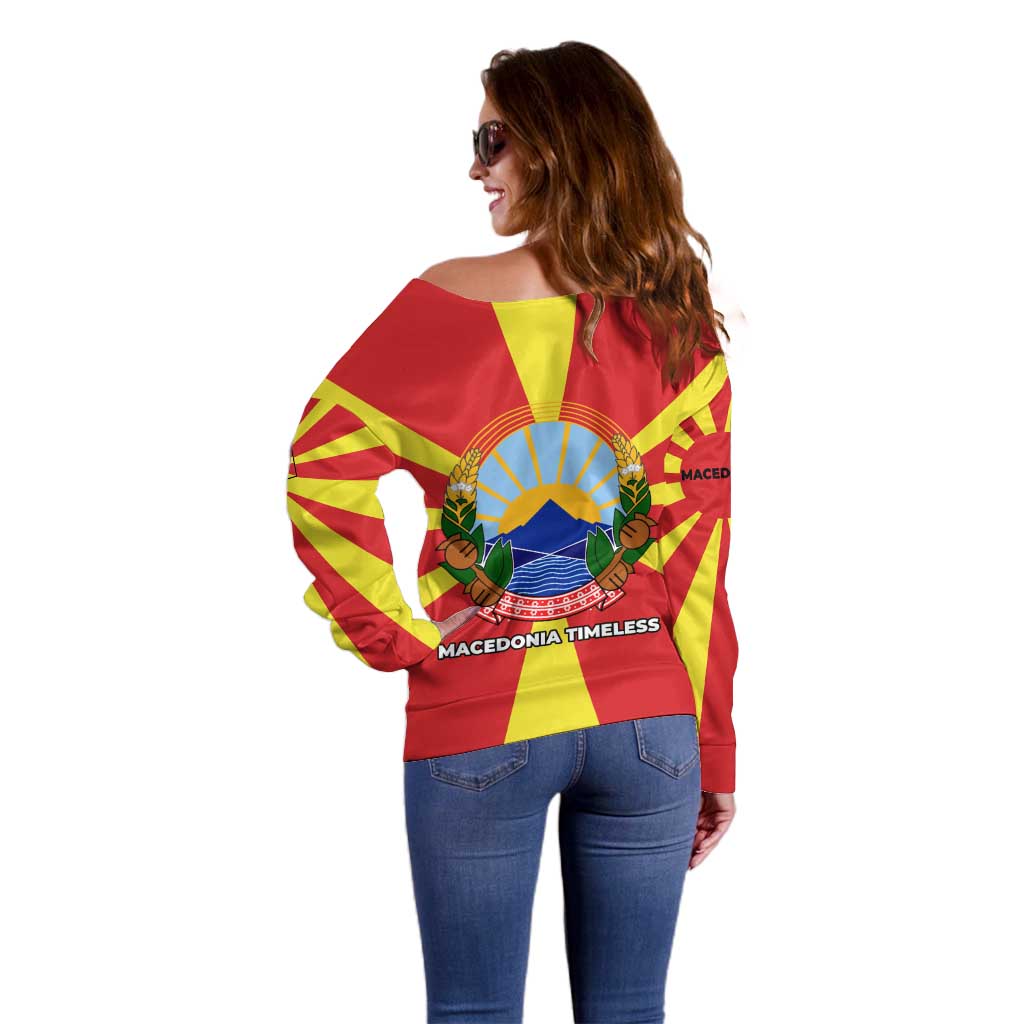 Macedonia Off Shoulder Sweater with National Emblem and Sunburst Flag Design - Wonder Print Shop