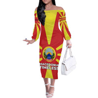 Macedonia Off The Shoulder Long Sleeve Dress with National Emblem and Sunburst Flag Design - Wonder Print Shop