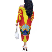 Macedonia Off The Shoulder Long Sleeve Dress with National Emblem and Sunburst Flag Design - Wonder Print Shop