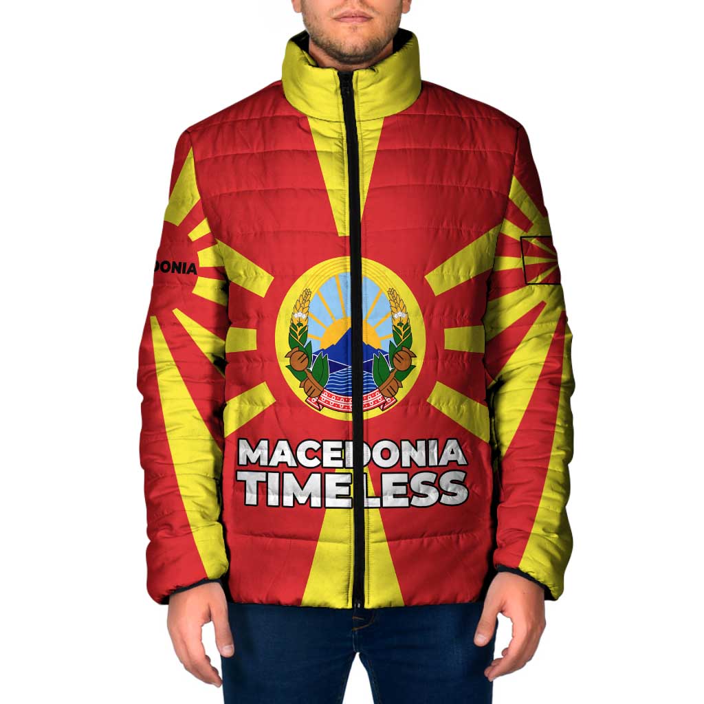 Macedonia Padded Jacket with National Emblem and Sunburst Flag Design - Wonder Print Shop