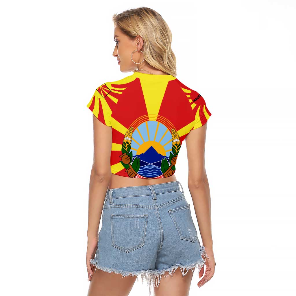 Macedonia Raglan Cropped T Shirt with National Emblem and Sunburst Flag Design - Wonder Print Shop