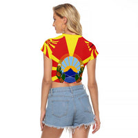 Macedonia Raglan Cropped T Shirt with National Emblem and Sunburst Flag Design - Wonder Print Shop