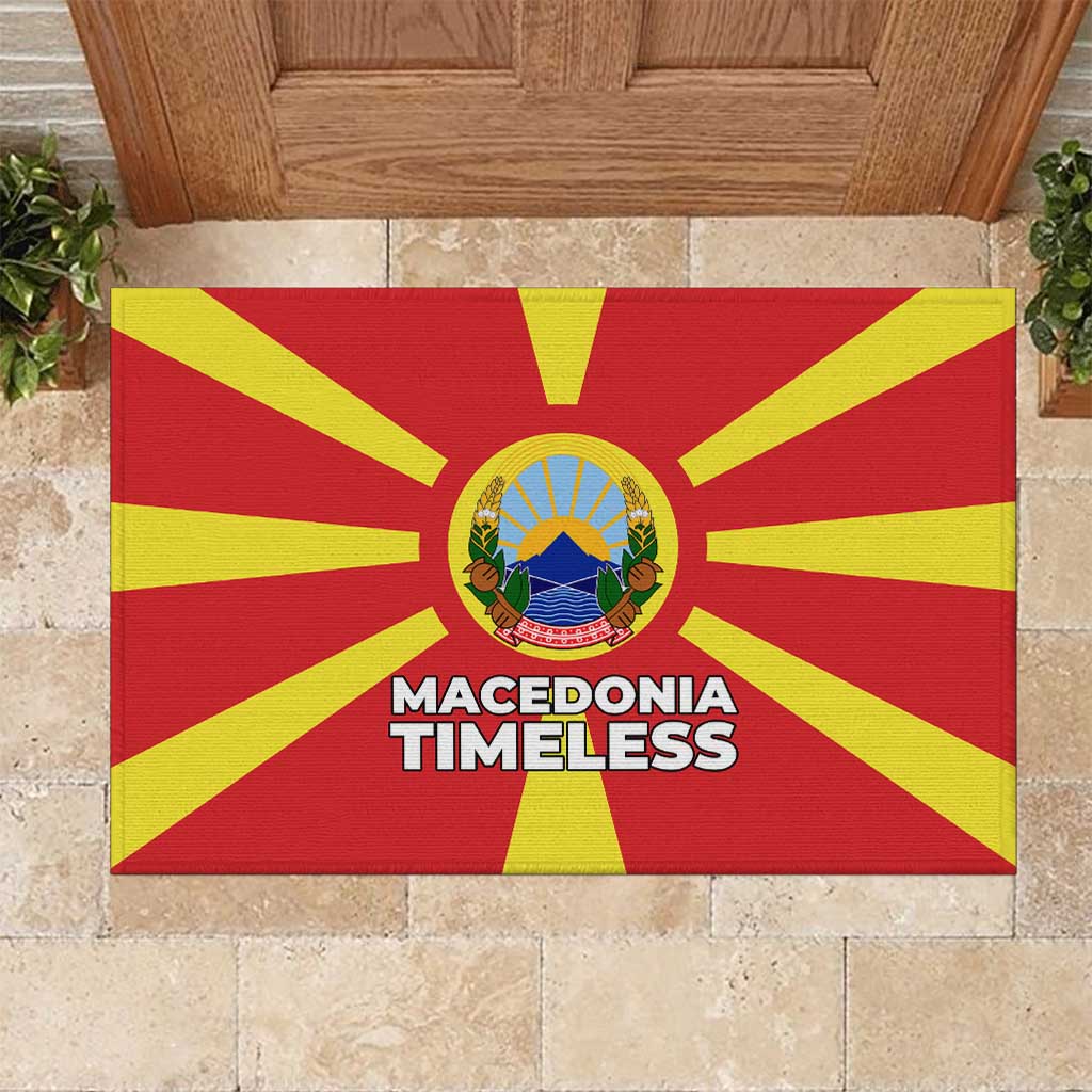 Macedonia Rubber Doormat with National Emblem and Sunburst Flag Design - Wonder Print Shop