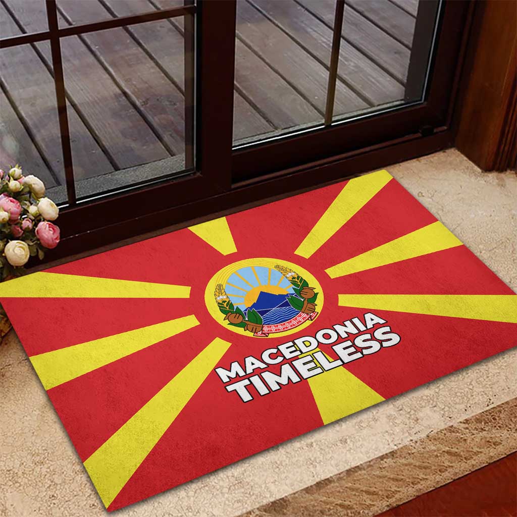 Macedonia Rubber Doormat with National Emblem and Sunburst Flag Design - Wonder Print Shop