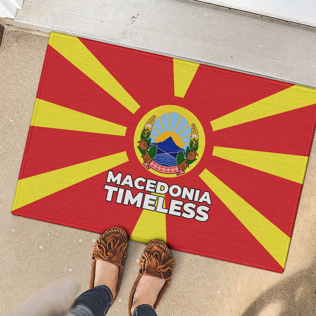Macedonia Rubber Doormat with National Emblem and Sunburst Flag Design - Wonder Print Shop