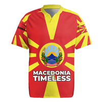 Macedonia Rugby Jersey with National Emblem and Sunburst Flag Design - Wonder Print Shop