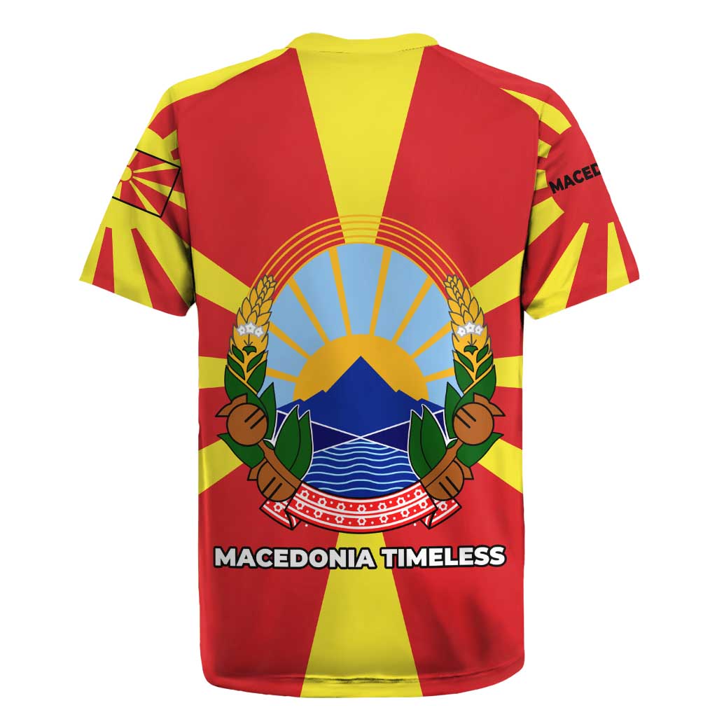 Macedonia Rugby Jersey with National Emblem and Sunburst Flag Design - Wonder Print Shop