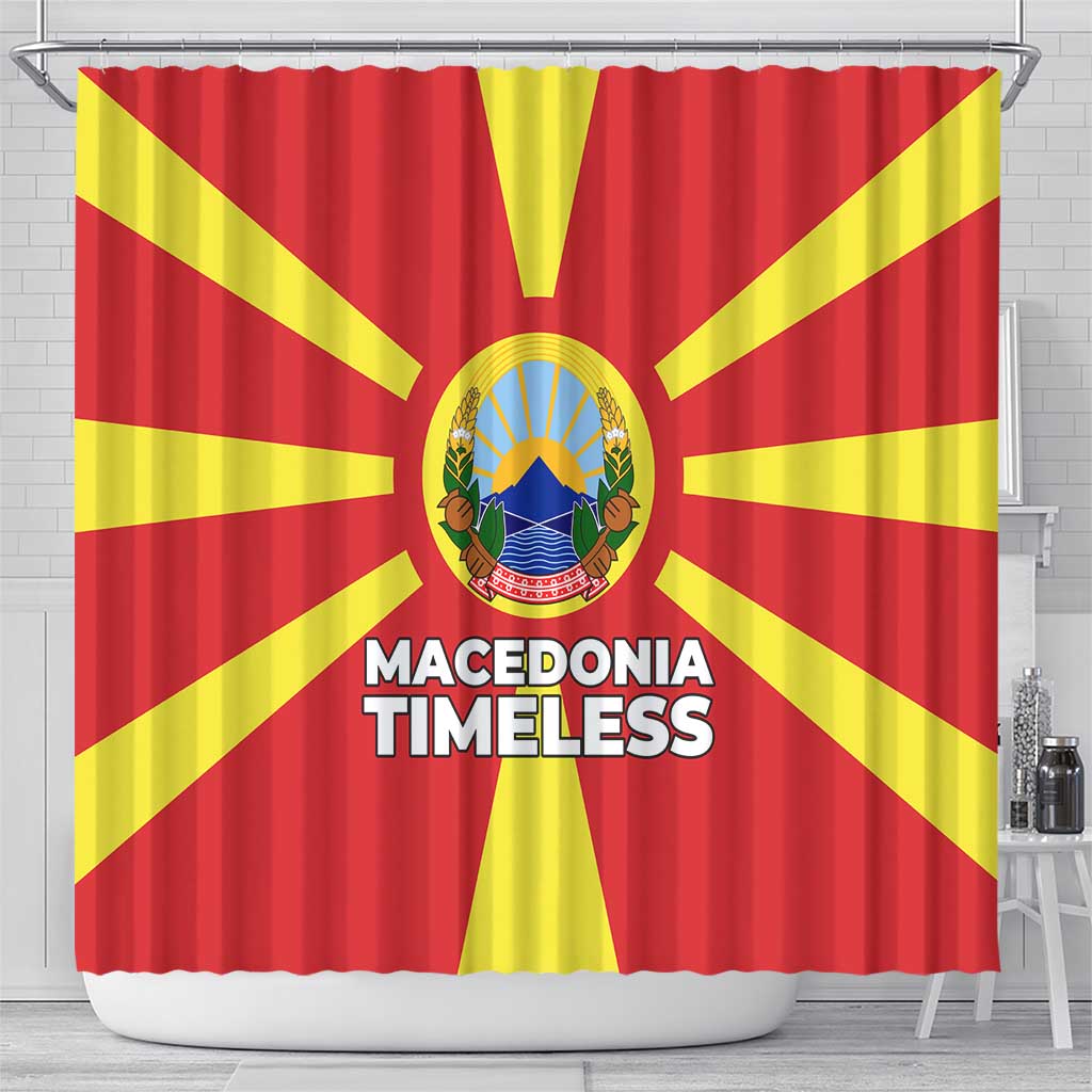 Macedonia Shower Curtain with National Emblem and Sunburst Flag Design - Wonder Print Shop