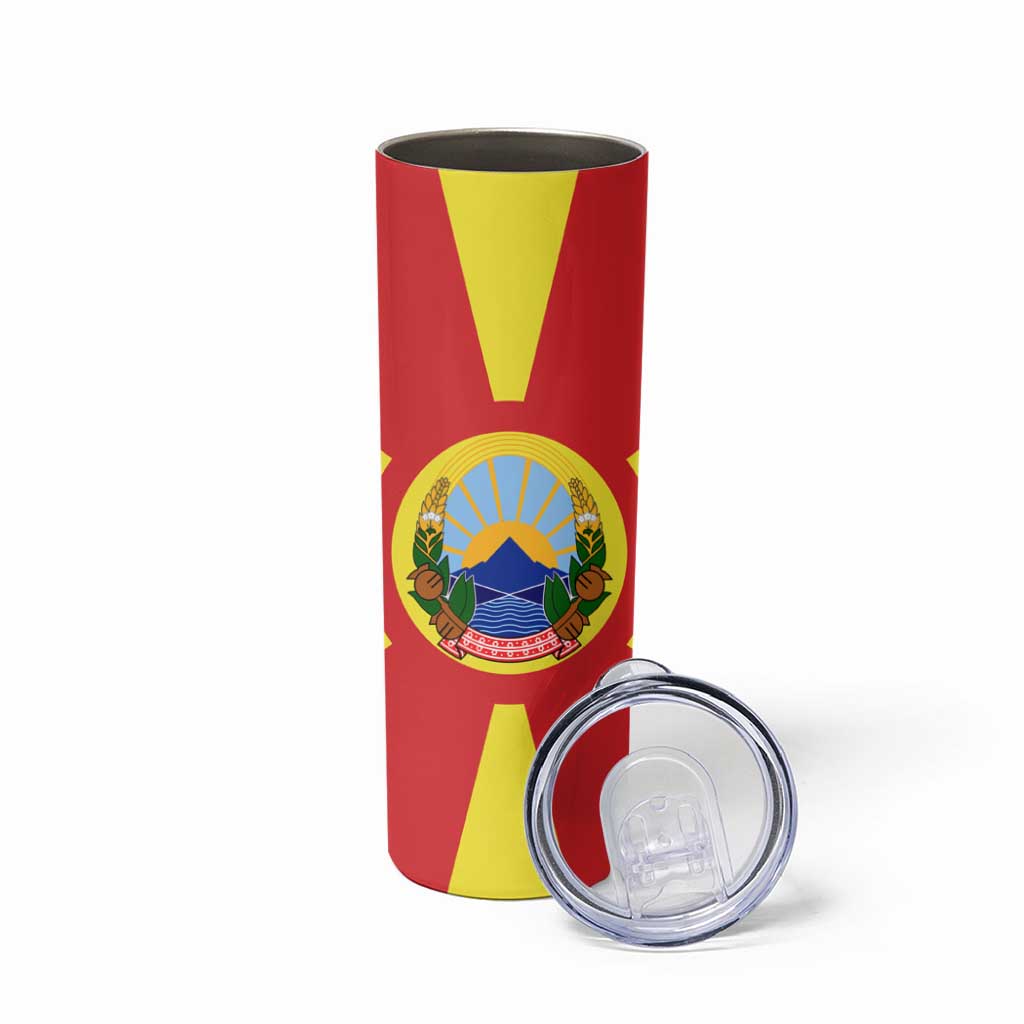 Macedonia Skinny Tumbler with National Emblem and Sunburst Flag Design - Wonder Print Shop