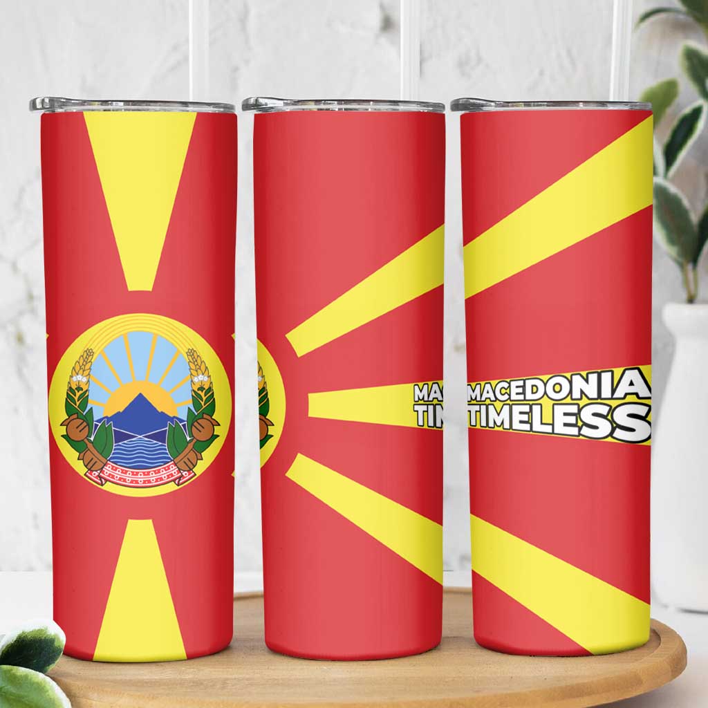 Macedonia Skinny Tumbler with National Emblem and Sunburst Flag Design - Wonder Print Shop