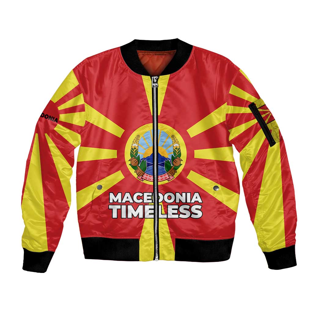 Macedonia Sleeve Zip Bomber Jacket with National Emblem and Sunburst Flag Design - Wonder Print Shop